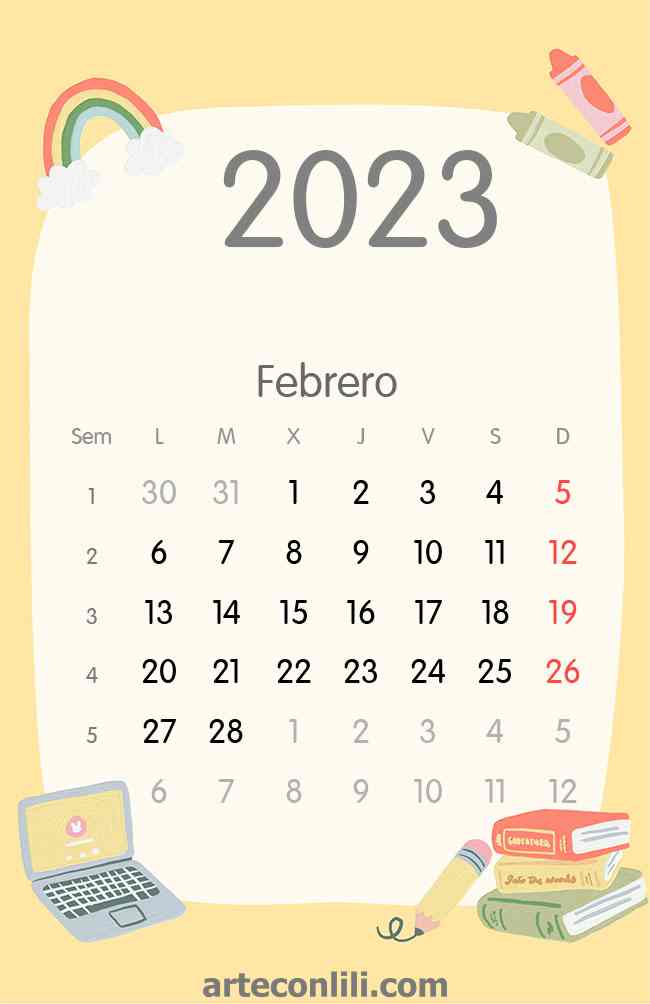 Calendario 2023 colegio febrero