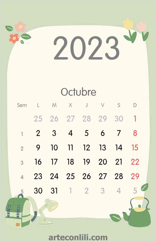 Calendario 2023 colegio verde octubre